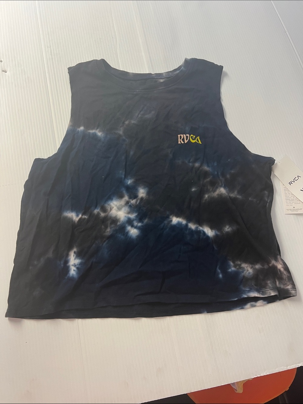 RVCA Vortex Black and Navy Tie-Dye Muscle Tee LG